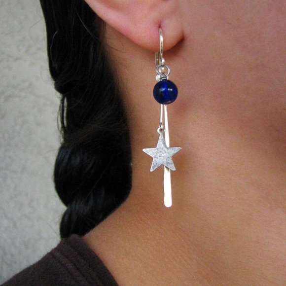Star Earrings Sterling Silver Cobalt Blue Handmade - Picture 3 of 7
